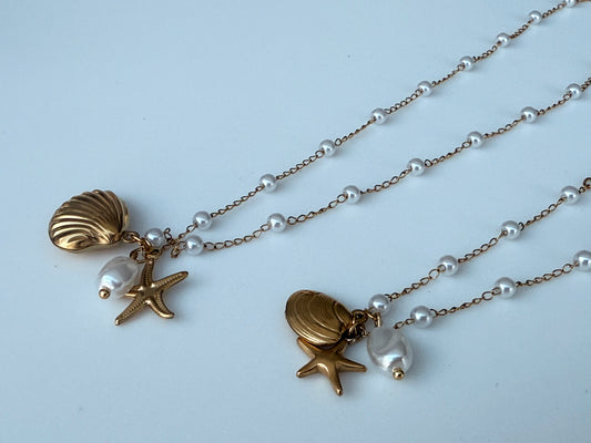 Starfish, pearl, clam trio necklace
