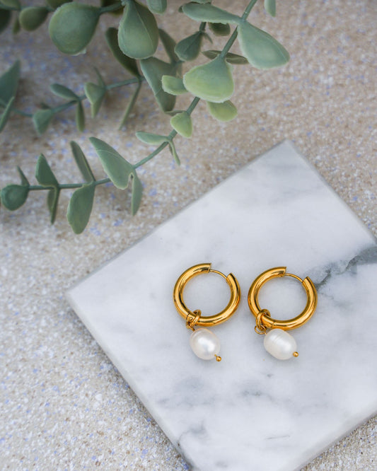 Large Gold Hoops with Detachable Pearl